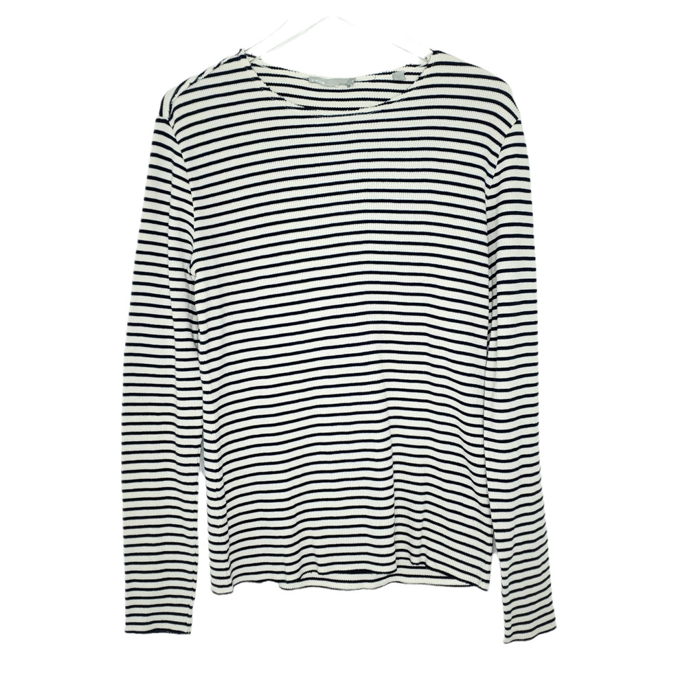 Vince Rib Knit Waffle Top S Striped Round Neck Long Sleeves Pullover Coastal